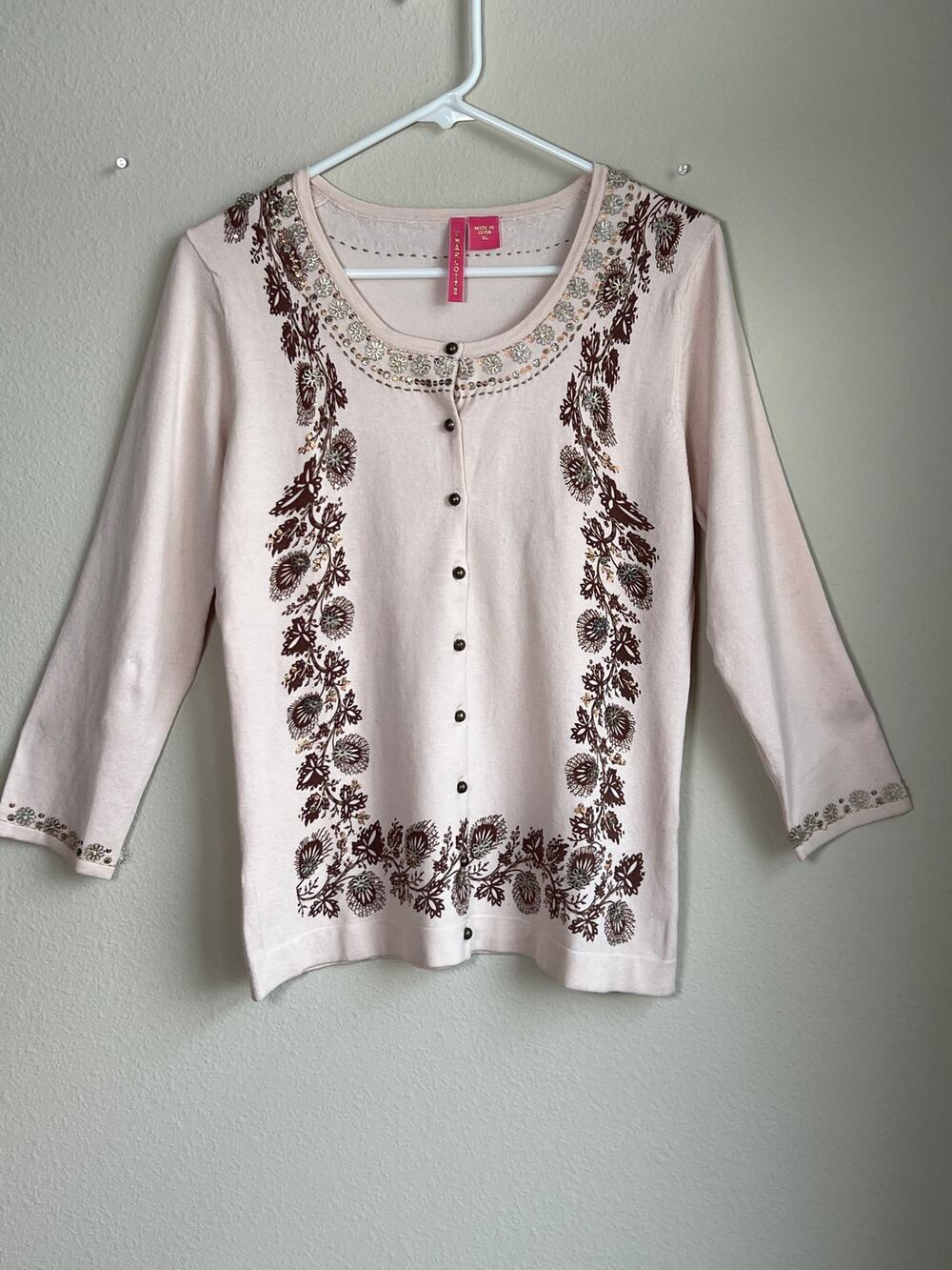 VTG Anthropologie Charlotte Tarantola Silk Blend SequinCardigan Pink XL